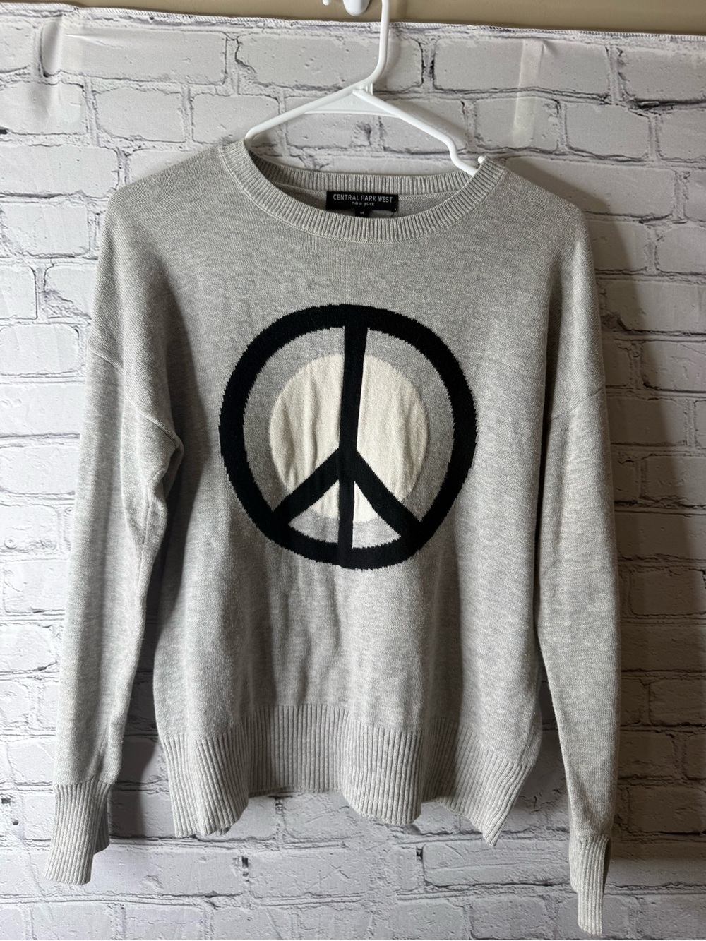 Central Park West Gray Crewneck Sweater with Black & Cream Peace Sign